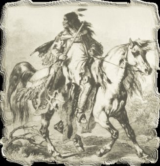 An antique-looking, monochromatic picture of a Blackfoot warrior on horseback.