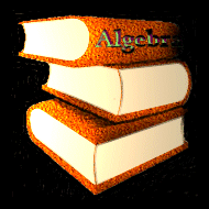 Graphic of three stacked texts with mottled orange-brown covers, one reads Algebra